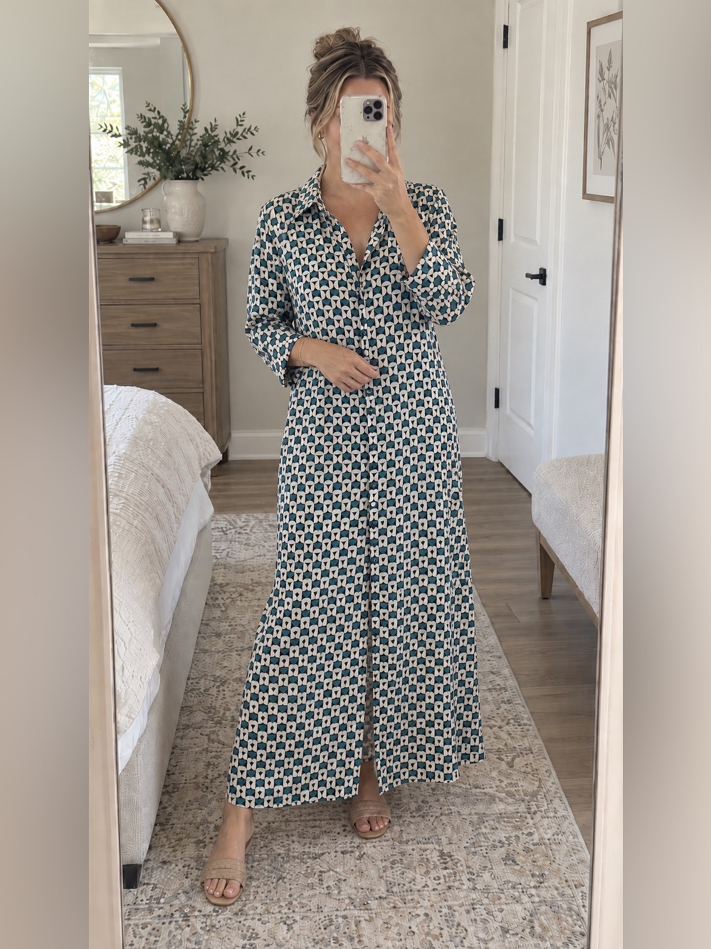 Geometric Print Button-Up Shirt dress - Green & White